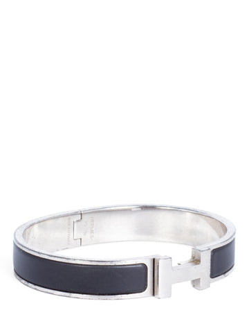 Hermes Enamel Narrow Clic Clac HH Men Bracelet PM Matte Black Silver-designer resale
