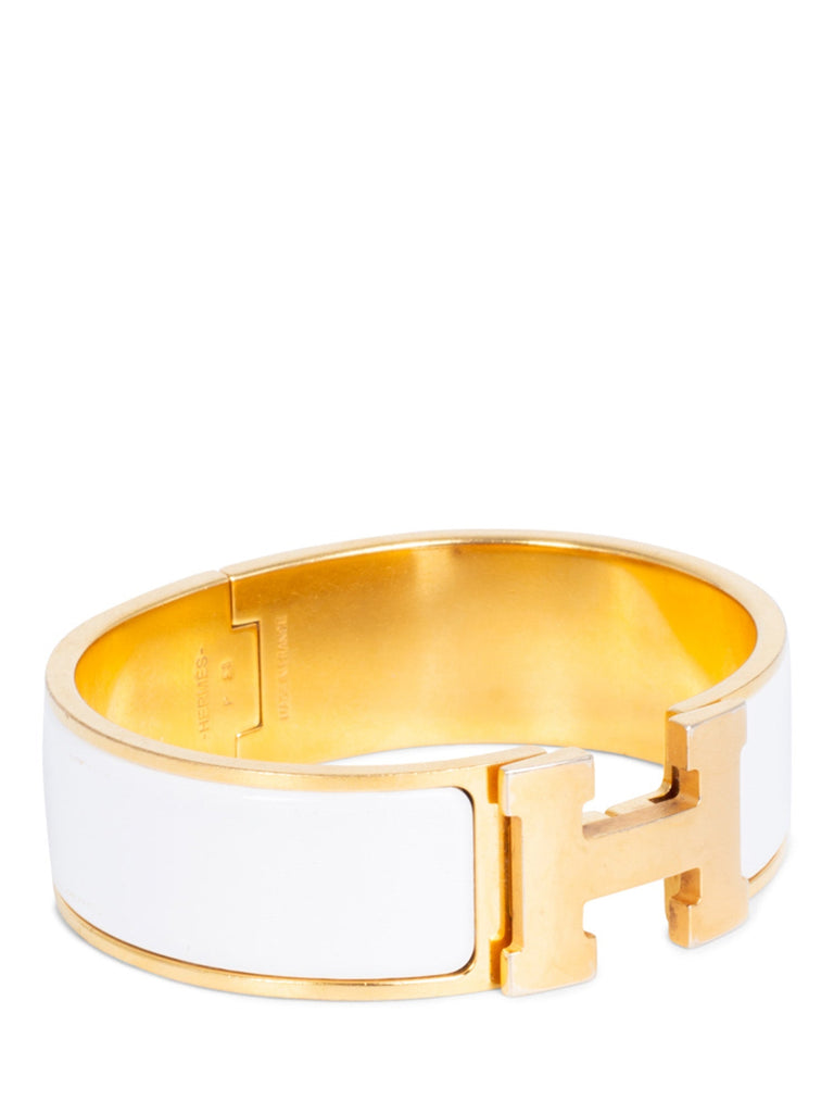 Hermes Enamel Wide Clic Clac H Bracelet GM White Gold-designer resale