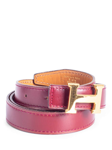 Hermes Gold H Logo Constance Leather Belt Burgundy Brown-designer resale