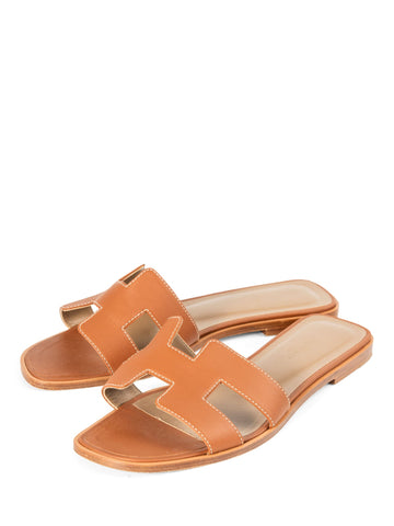 Hermes Leather Oran Slip On Sandal Brown-designer resale