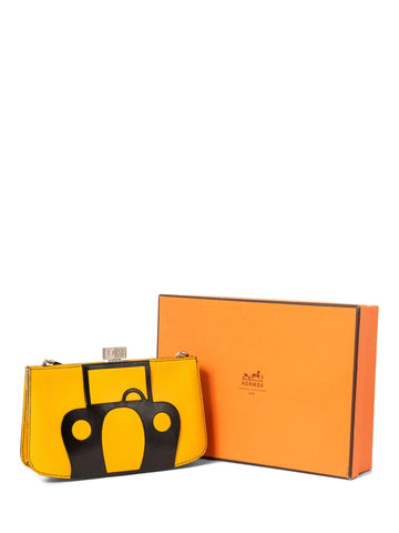 Hermes Vintage Logo Leather Taxi Messenger Bag Yellow Black-designer resale