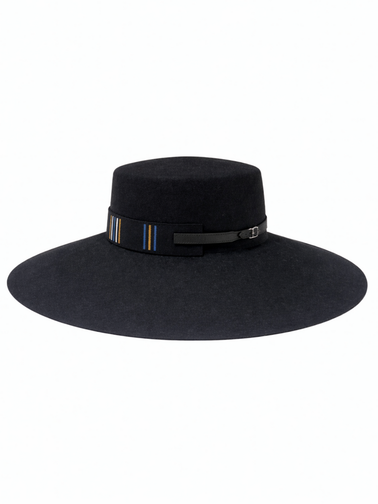 Hermes Wool Leather Buckle Boater Style Hat Black