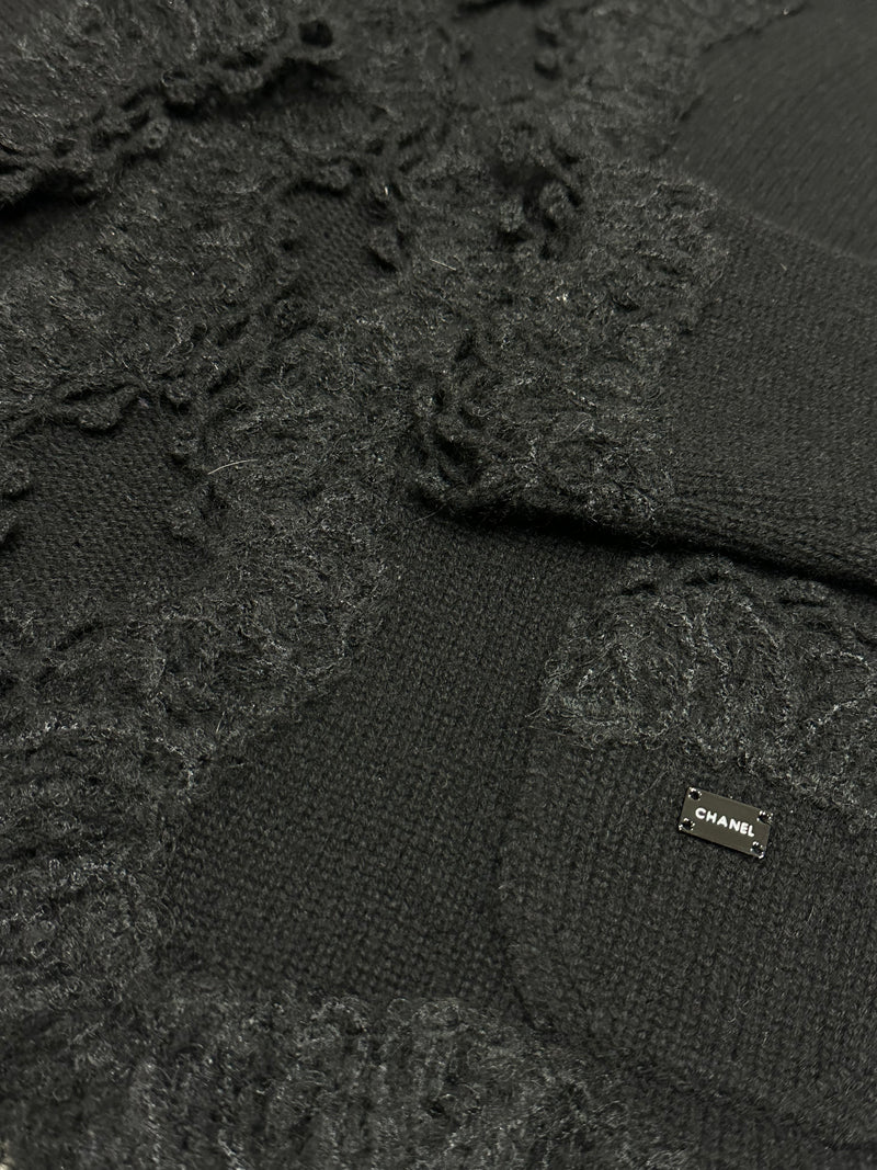 CHANEL Logo Cashmere Lace Fringe Knitted Cardigan Black