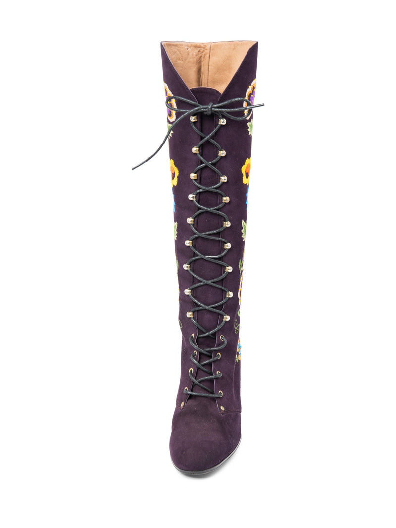 Jerry Edouard Suede Lace Up Floral Embroidered Block Heel Boots Purple-designer resale