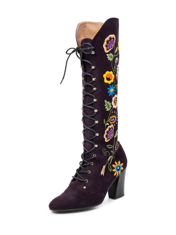 Jerry Edouard Suede Lace Up Floral Embroidered Block Heel Boots Purple-designer resale