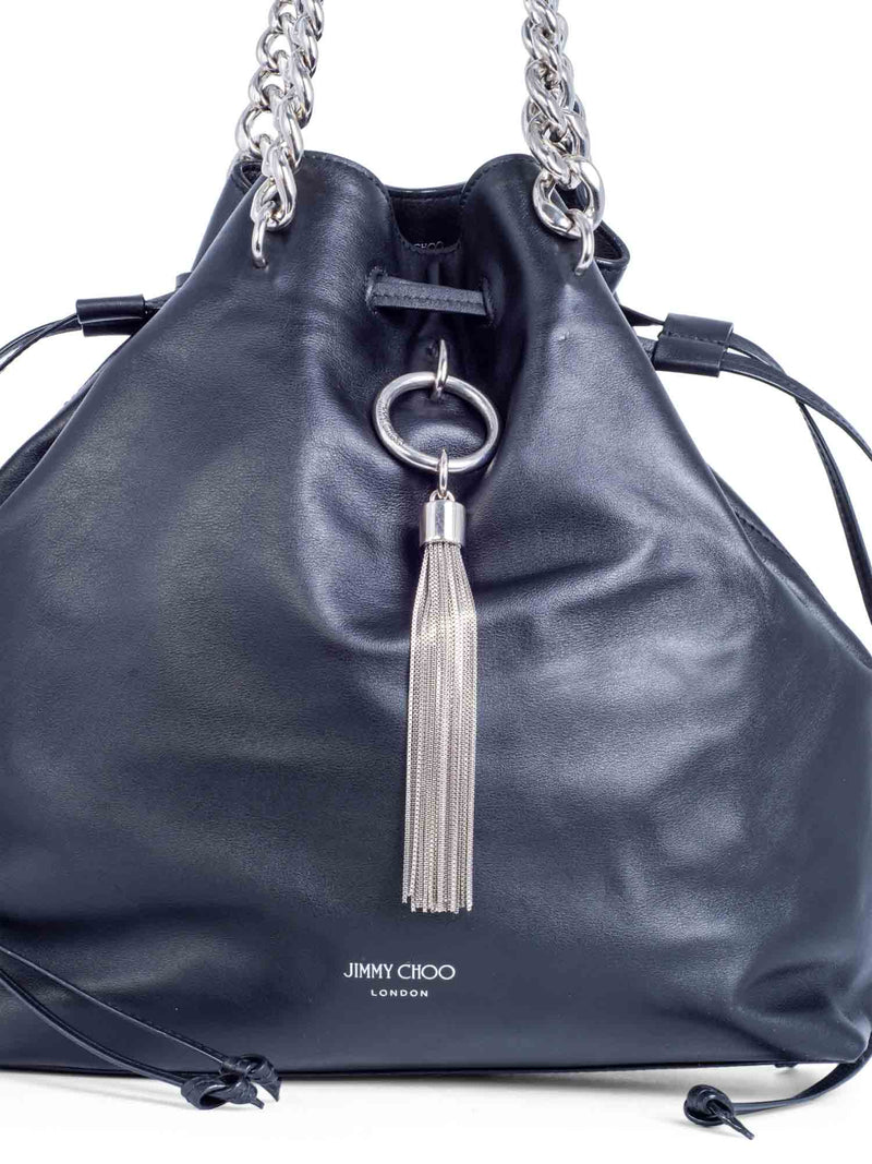 Jimmy Choo Leather Top Handle Tassel Bucket Bag Black Silver-designer resale