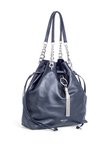 Jimmy Choo Leather Top Handle Tassel Bucket Bag Black Silver-designer resale