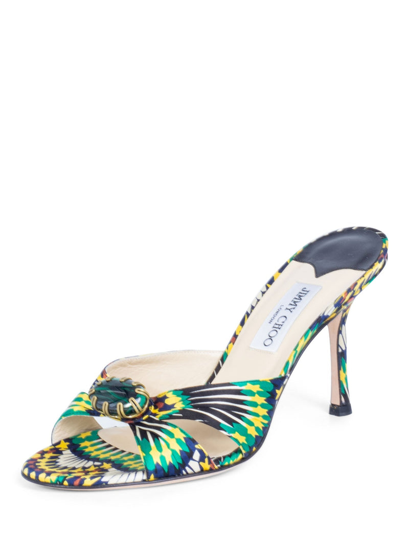 Jimmy Choo Satin Floral Malachite Jewel Slip On Heel Multicolor-designer resale