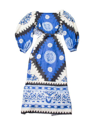 Johanna Ortiz Linen Floral Cutout Midi Dress Blue-designer resale