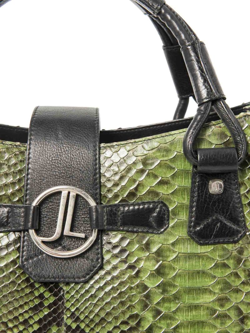 Judith Leiber Logo Python Leather Top Handle Bag Green Black-designer resale