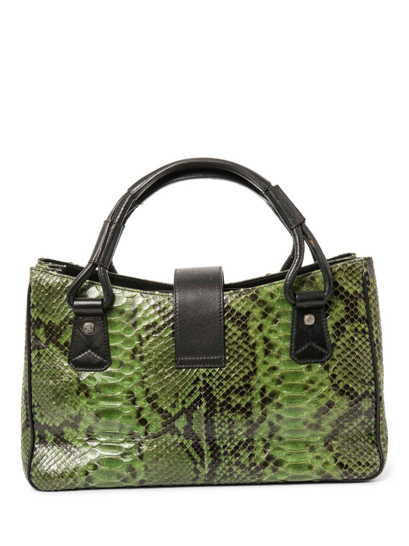 Judith Leiber Logo Python Leather Top Handle Bag Green Black-designer resale