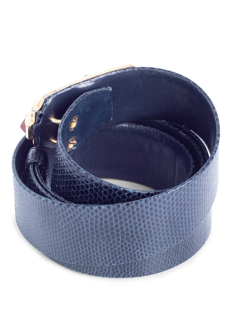 Judith Leiber Shiny Lizard Skin Adjustable Art Deco Belt Navy Blue Gold-designer resale