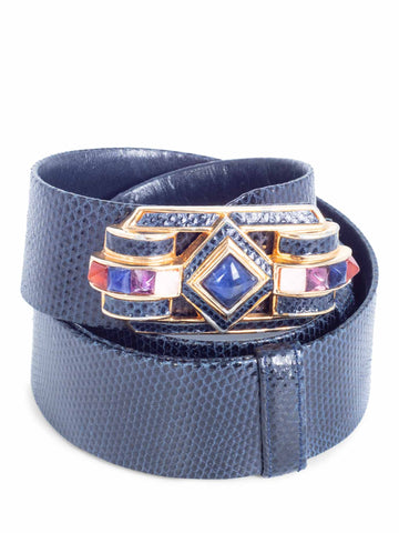 Judith Leiber Shiny Lizard Skin Adjustable Art Deco Belt Navy Blue Gold-designer resale
