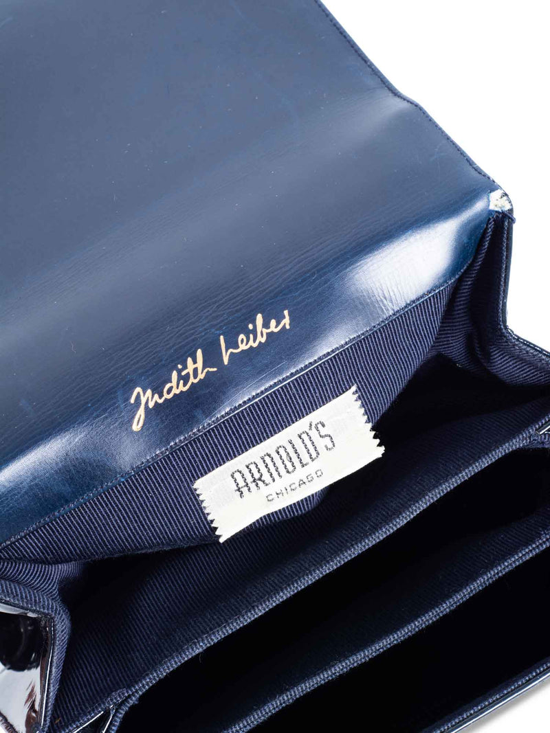 Judith Lieber Patent Leather Accordion Clutch Navy Blue Gold-designer resale
