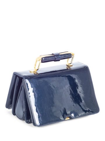 Judith Lieber Patent Leather Accordion Clutch Navy Blue Gold-designer resale