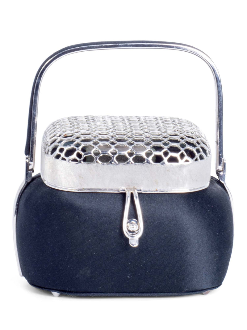 Judith Lieber Vintage Metal Structured Top Handle Mini Bucket Bag Black Silver-designer resale