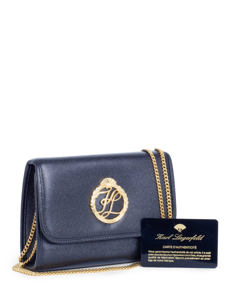 Karl Lagerfeld Logo 24K Gold Plated Caviar Leather Flap Messenger Bag Black-designer resale