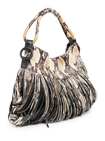Katherine Kwei Snakeskin Fringe Top Handle Bag Beige-designer resale