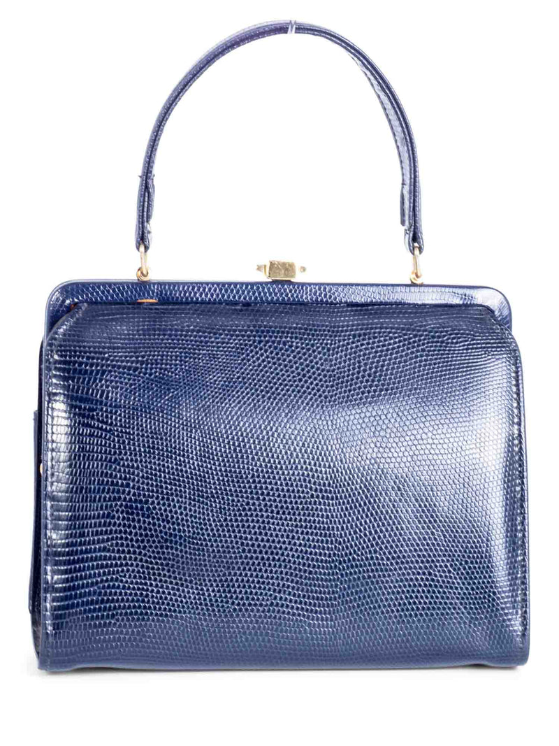 Lady London Shiny Lizard Top Handle Bag Navy-designer resale