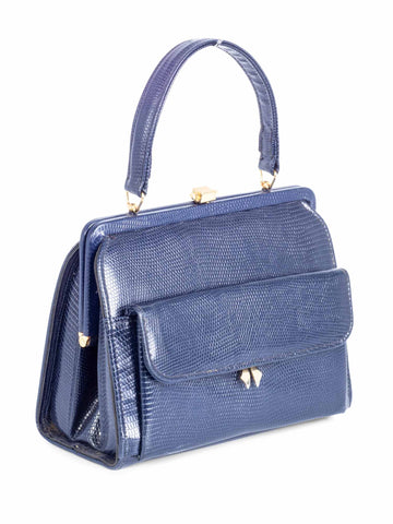 Lady London Shiny Lizard Top Handle Bag Navy-designer resale