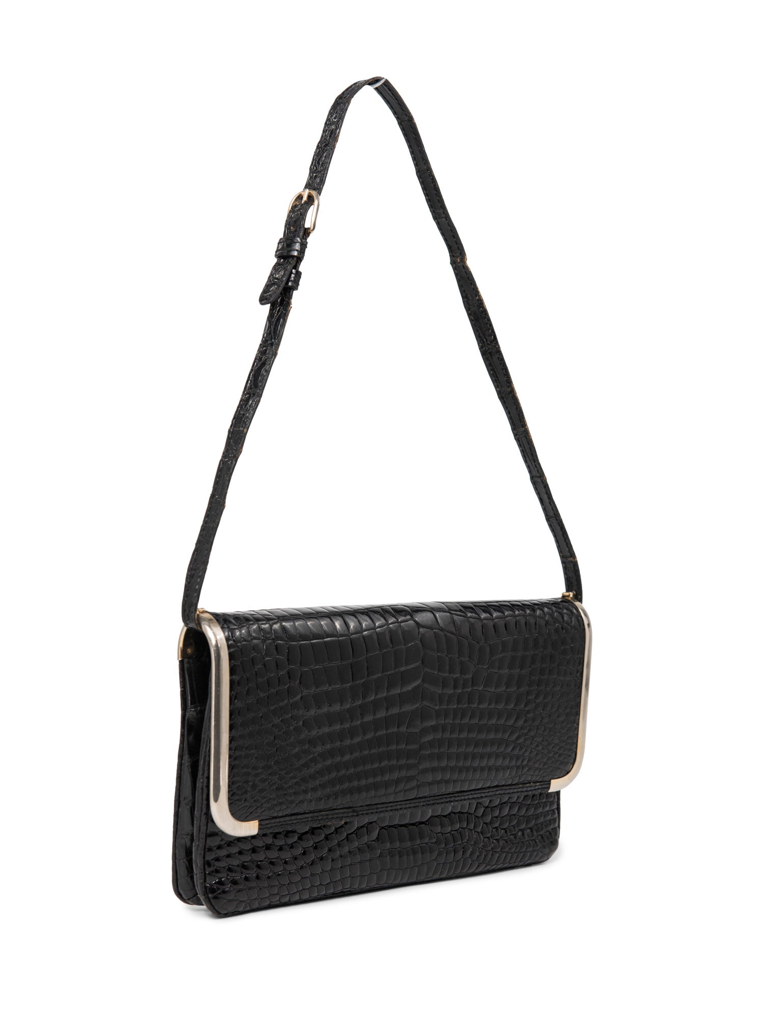 Loewe Crocodile Leather Flap Bag Black Gold