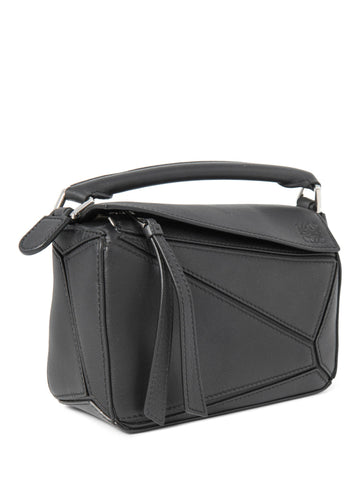 Loewe Logo Leather Mini Puzzle Messenger Bag Black Silver-designer resale