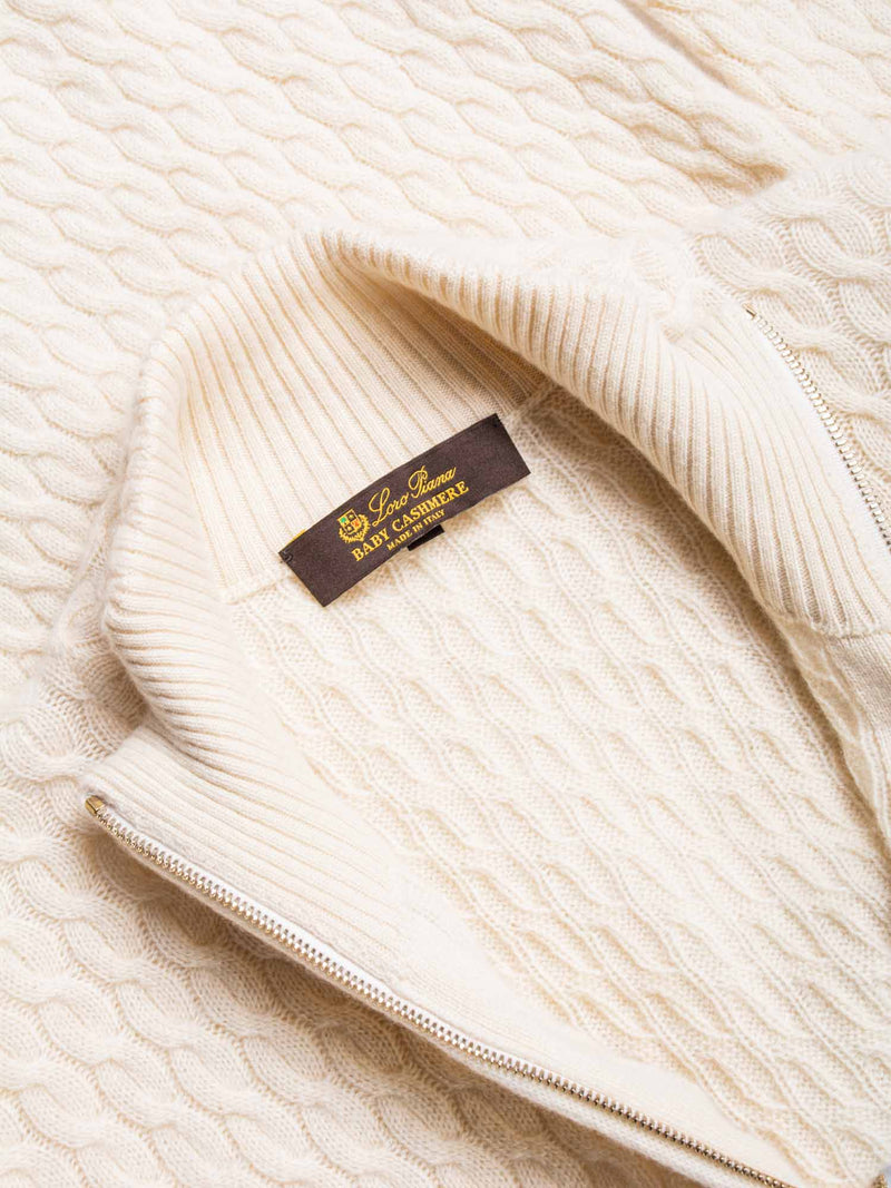 Loro Piana Baby Cashmere Cable Knit Zippered Sweater Ivory Gold-designer resale