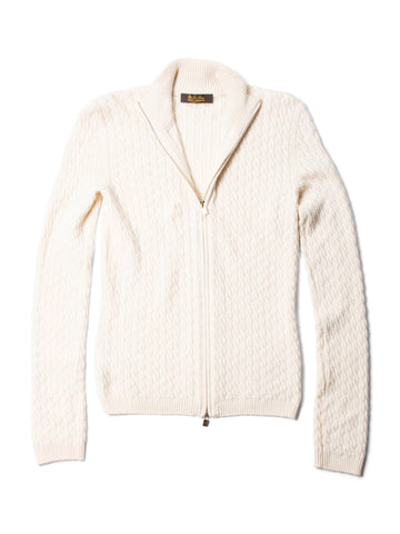 Loro Piana Baby Cashmere Cable Knit Zippered Sweater Ivory Gold-designer resale
