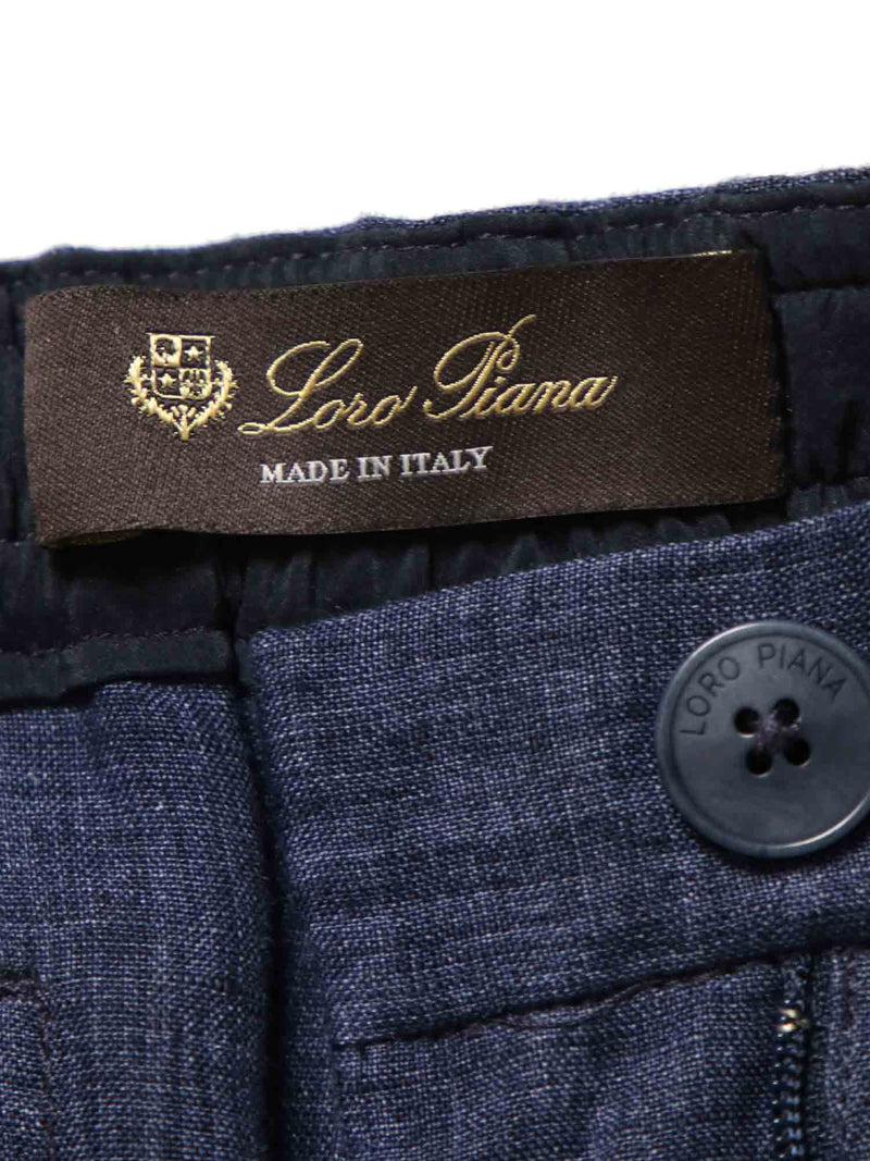 Loro Piana Linen Pleated Drawstring Pants Navy Blue-designer resale