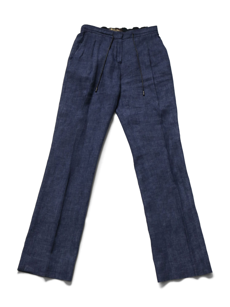 Loro Piana Linen Pleated Drawstring Pants Navy Blue-designer resale