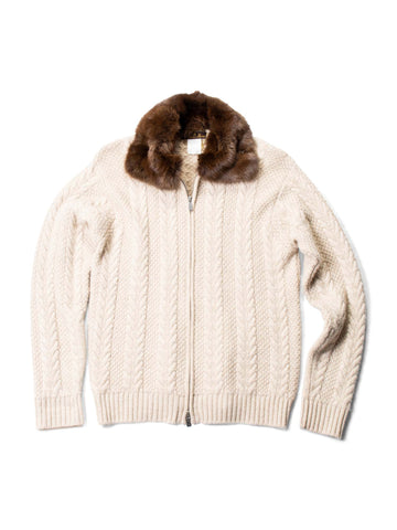 Loro Piana Logo Cableknit Sable Fur Collar Jacket Ivory-designer resale