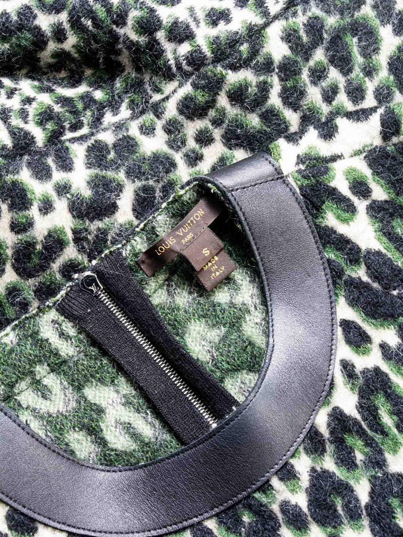 Louis Vuitton Logo Knit Animal Print Leather Trim A-Line Dress Green Black-designer resale