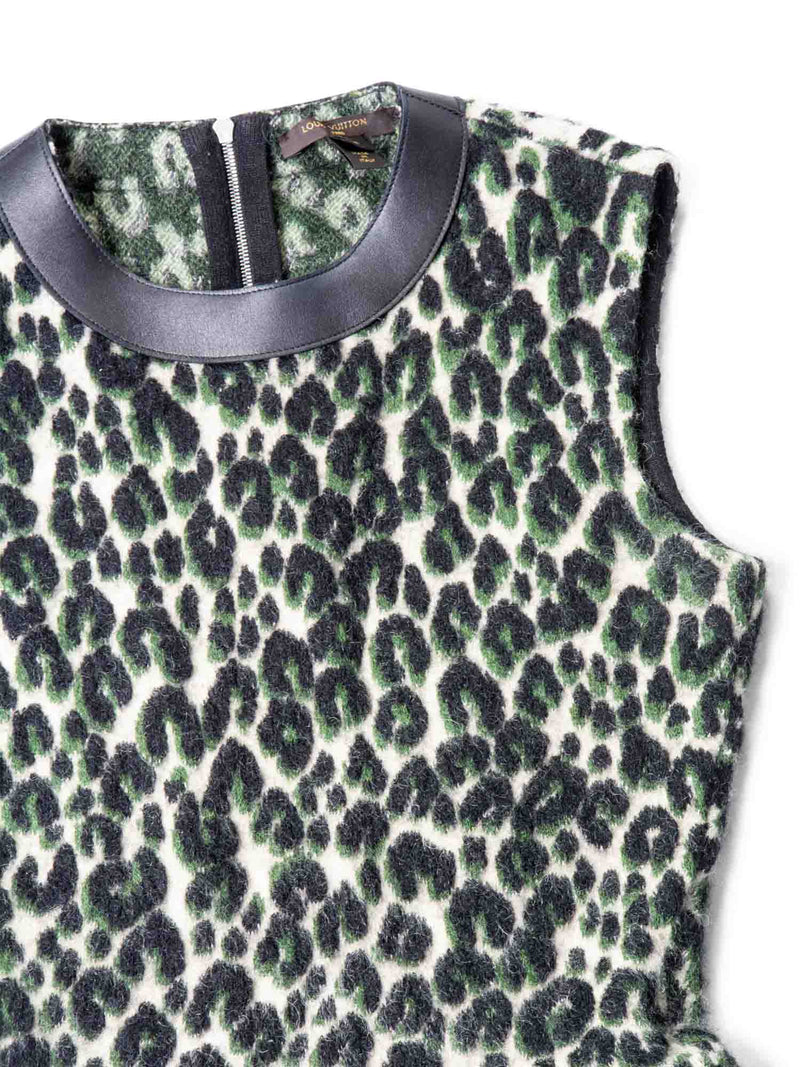 Louis Vuitton Logo Knit Animal Print Leather Trim A-Line Dress Green Black-designer resale