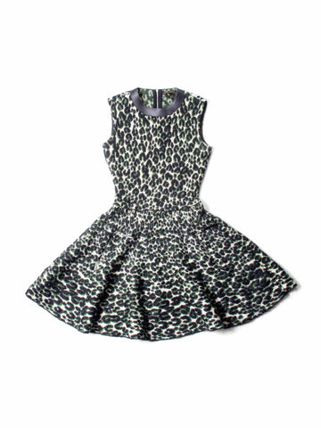 Louis Vuitton Logo Knit Animal Print Leather Trim A-Line Dress Green Black-designer resale