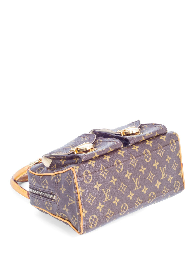 LOUIS VUITTON MANHATTAN PM BAG, monogram leather with leather handles and  beige alcantara lining, two pockets with push lock closures gold tone  hardware, double zip closure, 29cm x 10cm x 23cm with