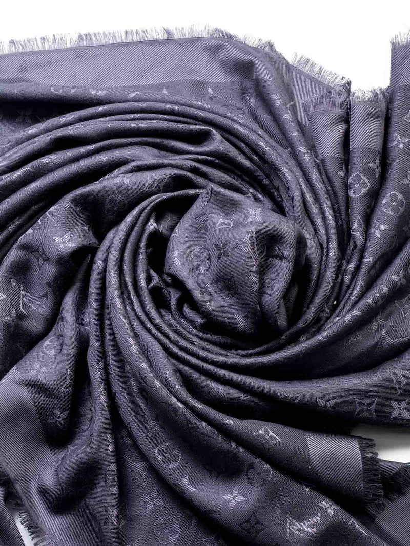Louis Vuitton Silk Wool Monogram Shawl Navy Grey-designer resale