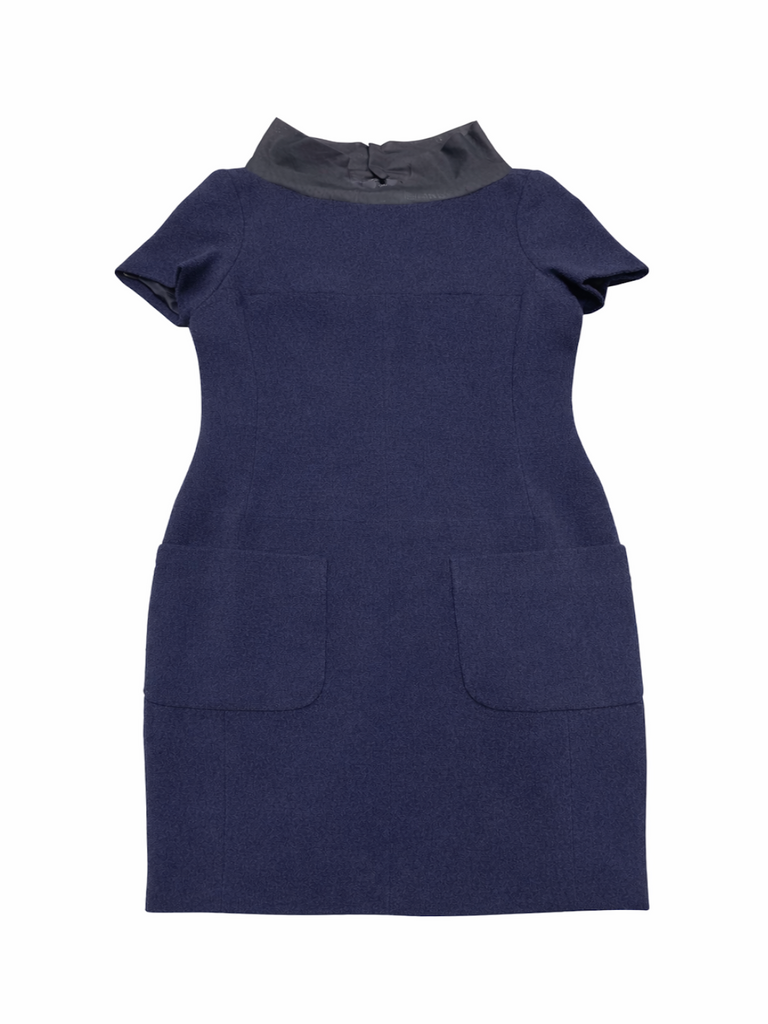 CHANEL CC Logo High Collar Tweed Dress Navy Blue