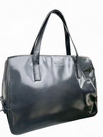 Prada Logo Patent Leather Shoulder Bag Ombre Grey Black