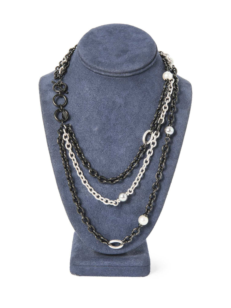 Majorica Sterling Silver Layered Pearl Necklace Silver Black-designer resale