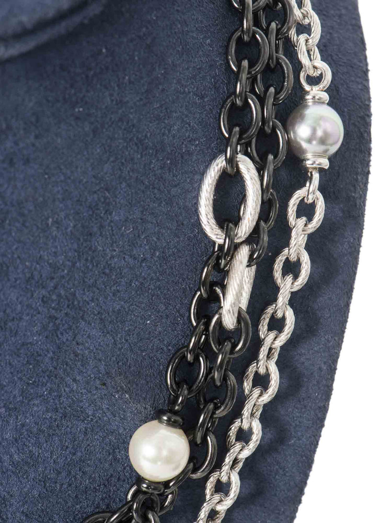 Majorica Sterling Silver Layered Pearl Necklace Silver Black-designer resale
