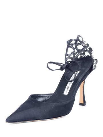 Manolo Blahnik Satin Pointy Toe Shoes Black-designer resale