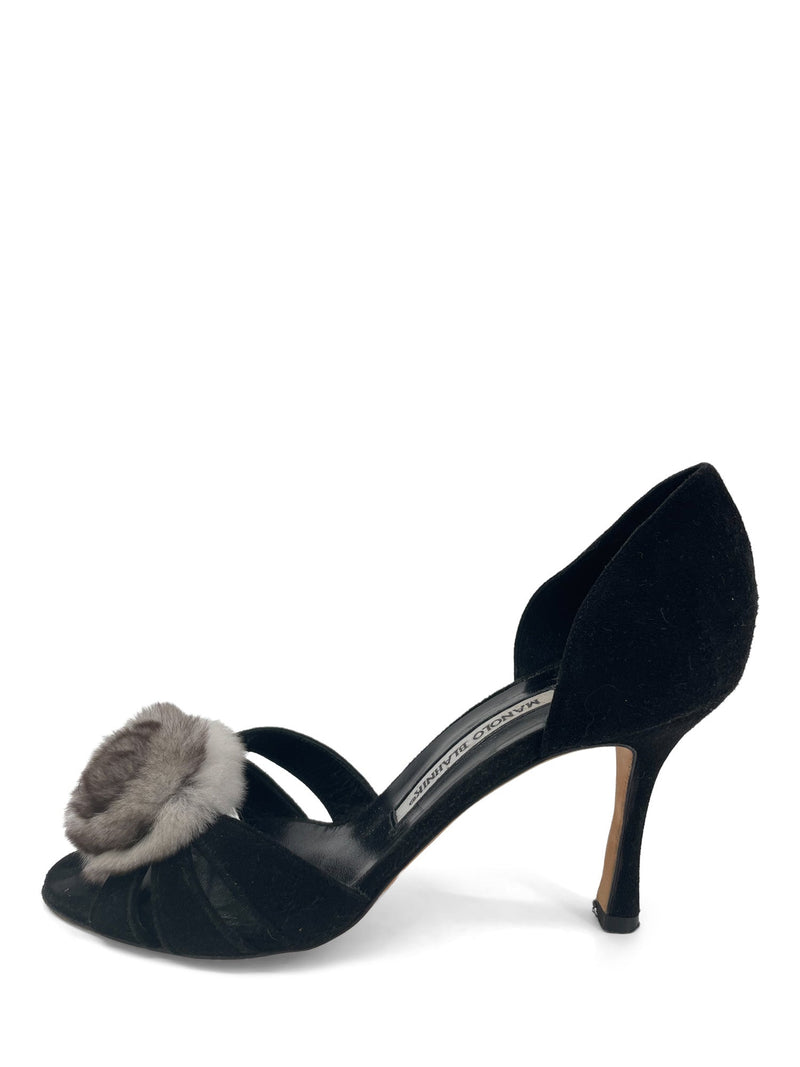 Manolo Blahnik Suede Leather D'Orsay Mink Pom Pom Shoes Black-designer resale
