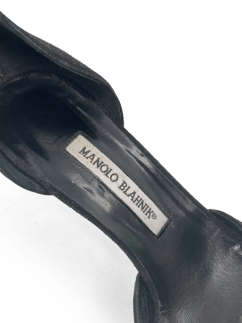Manolo Blahnik Suede Leather D'Orsay Mink Pom Pom Shoes Black-designer resale