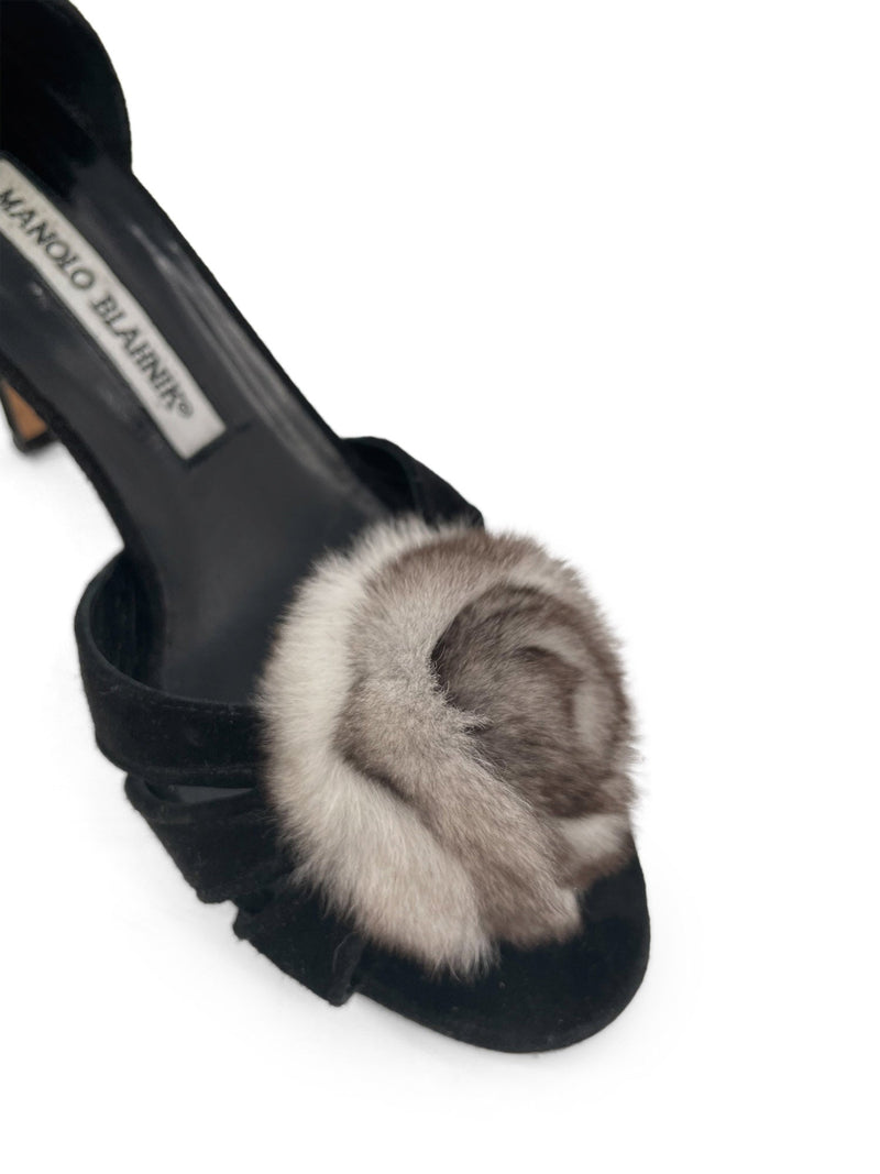 Manolo Blahnik Suede Leather D'Orsay Mink Pom Pom Shoes Black-designer resale