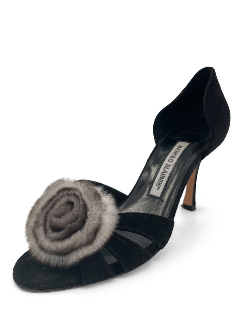 Manolo Blahnik Suede Leather D'Orsay Mink Pom Pom Shoes Black-designer resale