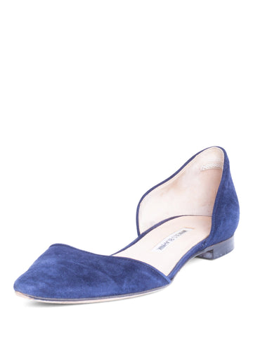 Manolo Blahnik Suede Pointy Toe Flat Shoes Navy Blue-designer resale