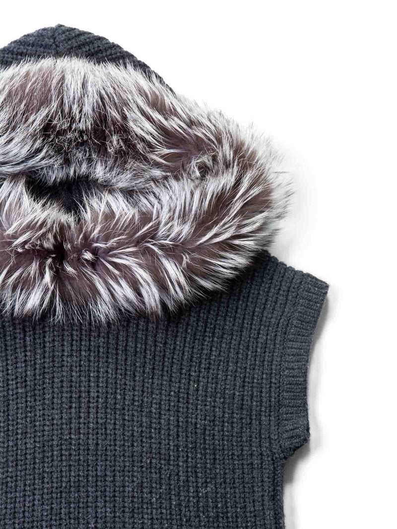 Michael Kors Knitted Cashmere Wool Fox Fur Hooded Vest Charcoal Grey-designer resale