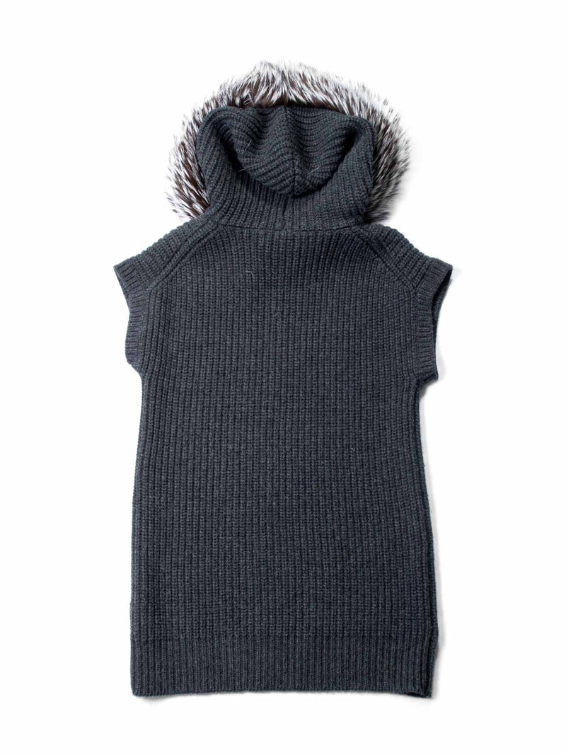 Michael Kors Knitted Cashmere Wool Fox Fur Hooded Vest Charcoal Grey-designer resale