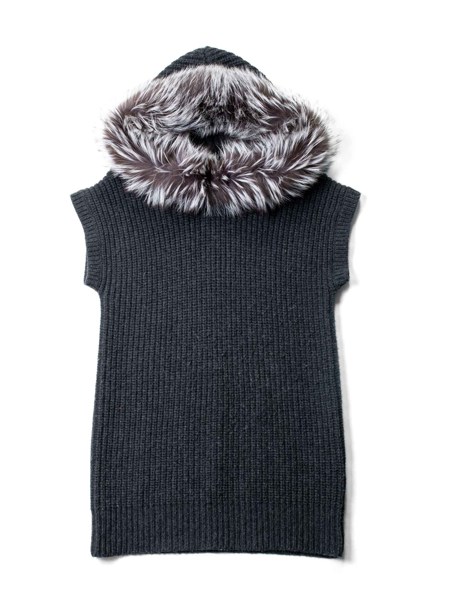 Michael Kors Knitted Cashmere Wool Fox Fur Hooded Vest Charcoal Grey