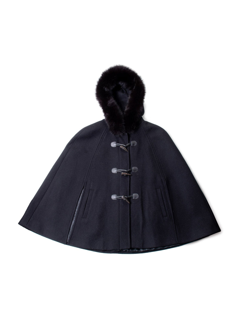 Michael Kors Wool Fox Fur Buttoned Cape Jacket Black-designer resale